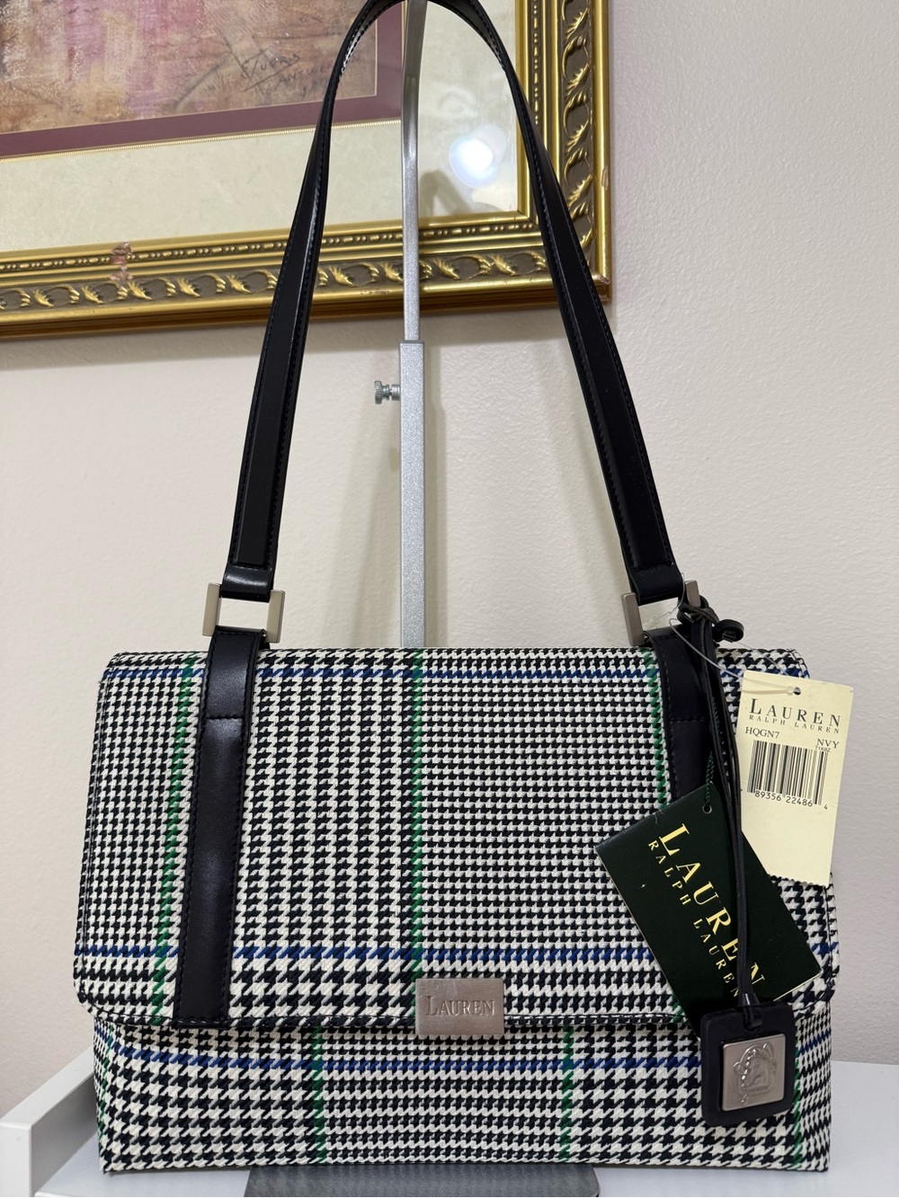Vintage Ralph Lauren Houndstooth Plaid Shoulder Bag with Green Accent